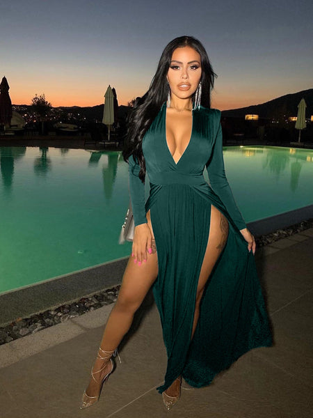 Slit Plunge Long Sleeve Dress